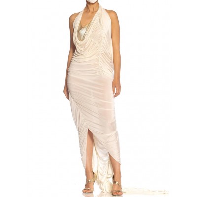 MORPHEW ATELIER Ivory Rayon Blend Jersey Asymmetrically Draped Sexy Gown With Metal Mesh & Swarovski Crystals