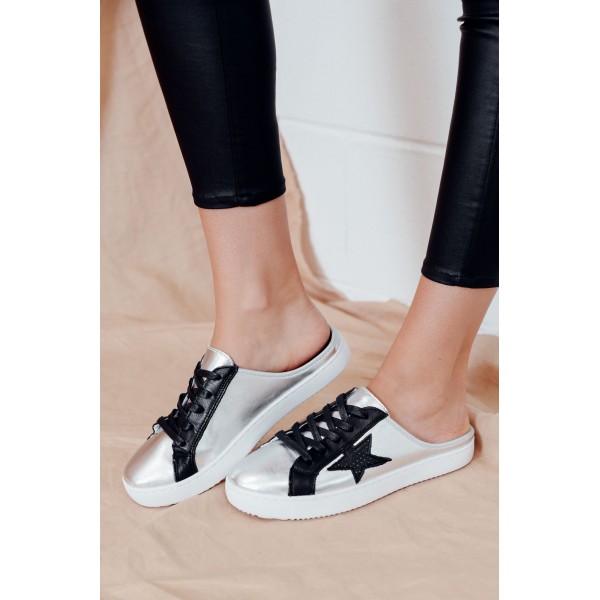 Vango Silver Black Leather Mule Sneaker