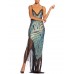 MORPHEW ATELIER Blue & Black Bias Cut Silk Metal Gold Lamé Gown With Antique Fringe