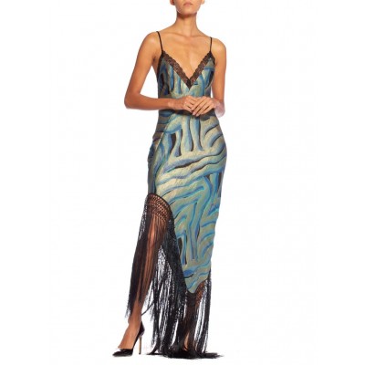 MORPHEW ATELIER Blue & Black Bias Cut Silk Metal Gold Lamé Gown With Antique Fringe