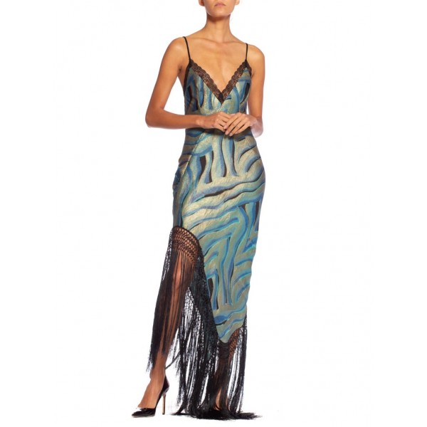 MORPHEW ATELIER Blue & Black Bias Cut Silk Metal Gold Lamé Gown With Antique Fringe