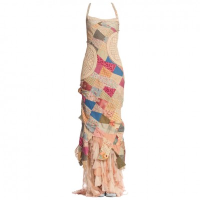 MORPHEW COLLECTION Silk & Cotton Antique Patchwork Quilt Gown With Chiffon Ruffled Train